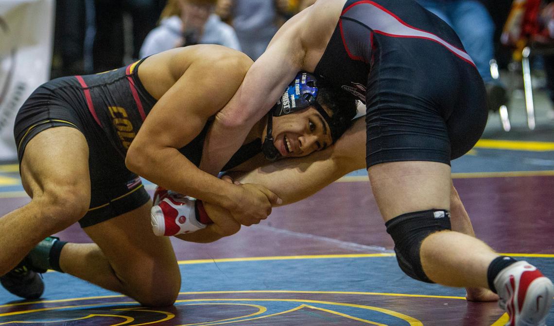 Columbia’s Angel Rios beat Gooding’s Tayten Gillette 13-5 to take the 152-pound boys championship in the Rollie Lane Wrestling Tournament on Saturday, Jan. 4, 2020.
