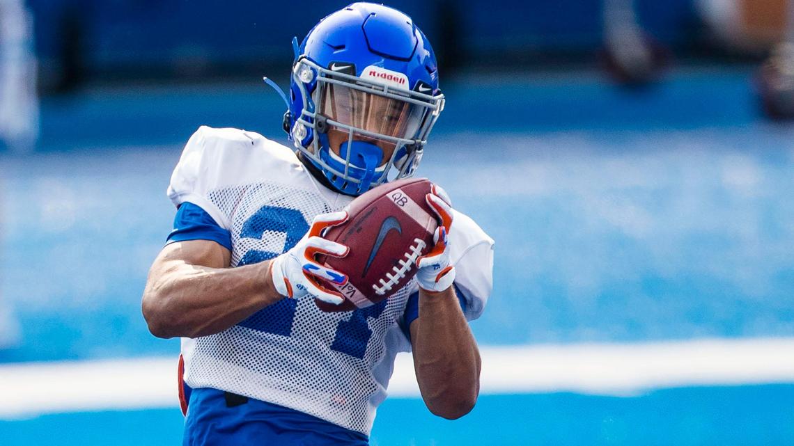 Boise State running back George Holani catches a pass during fall camp drills at Albertsons Stadium Sunday, Aug. 8, 2021.