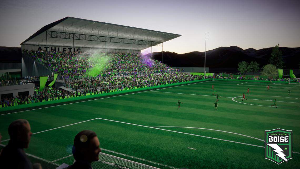 A rendering of the renovated grandstand and new stadium Athletic Club Boise soccer will play in starting in March 2026 at Expo Idaho. 
