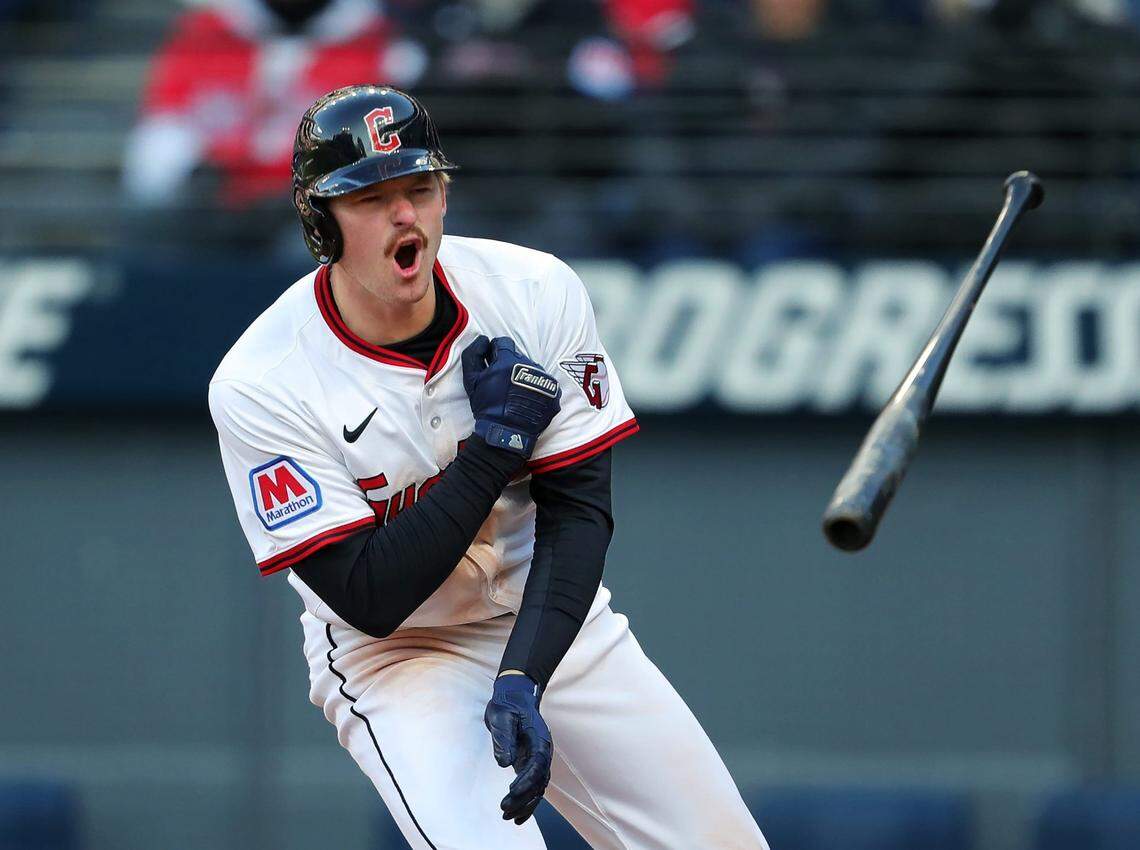 Guardians batter Kyle Manzardo celebrates after a ninth-inning walk against the Chicago White Sox, Tuesday, April 8, 2025, in Cleveland.