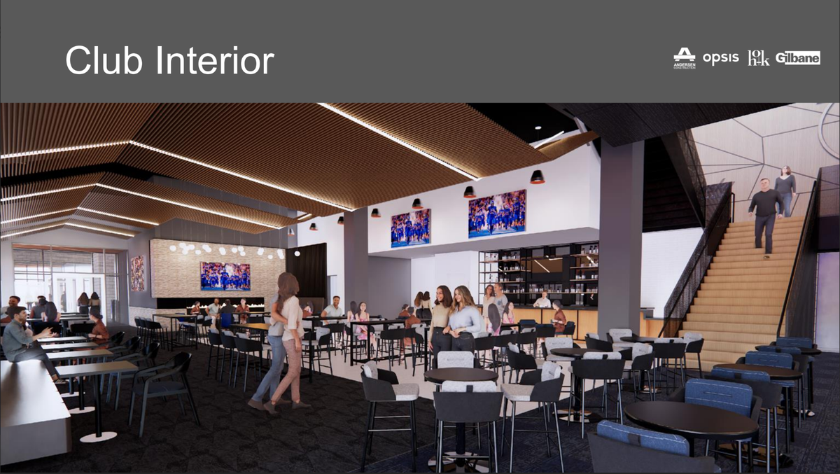 A rendering of the club lounge area inside the new north end zone. Design planners aimed to mix a classy feeling while still ensuring a Boise State presence is felt.