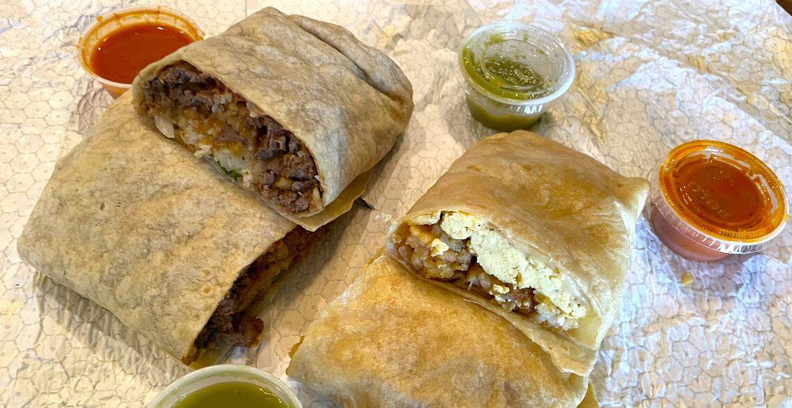 If you slice the burritos in half, you’ll see fillings packed into the hefty Idaho Burrito, left, and Breakfast Burrito.