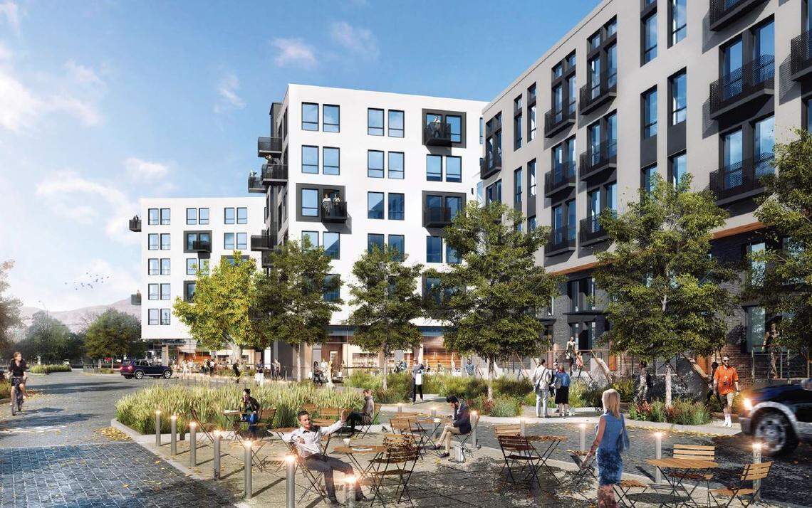 An artist’s rendering of what an apartment complex would look like under a proposal that Los Angeles developer Casey Lynch made for the West End site that is no longer being considered for a sports stadium. 