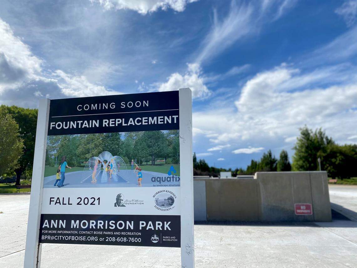 A sign next to the fountain in Ann Morrison Park tells Boiseans that a fountain replacment is coming soon.
