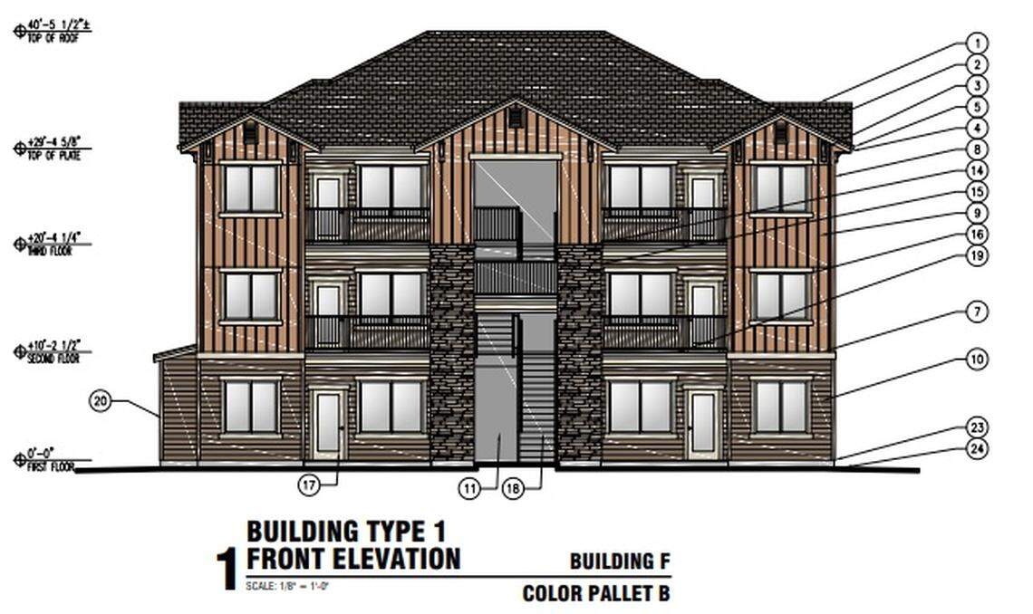 A rendering of an apartment building proposed as part of the Celebration Acres neighborhood.