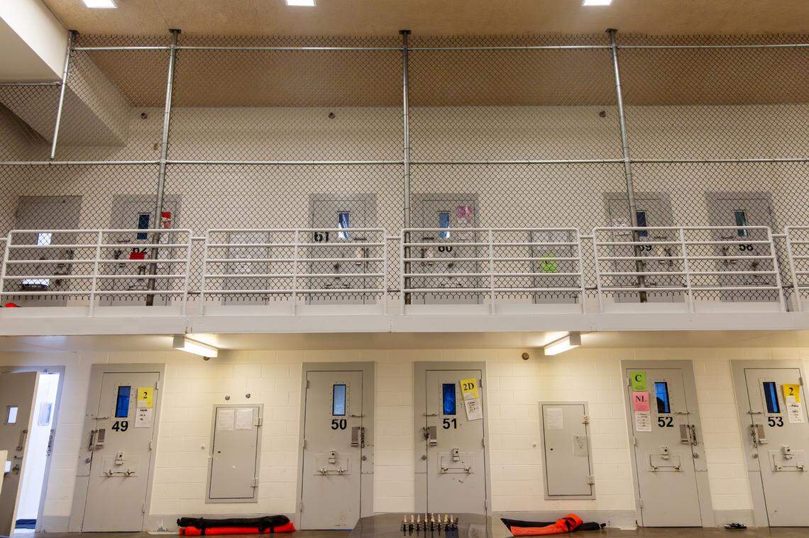 Fences extend from floor to ceiling to prevent people from jumping and injuring themselves in C Block at the Idaho Maximum Security Institution south of Boise.