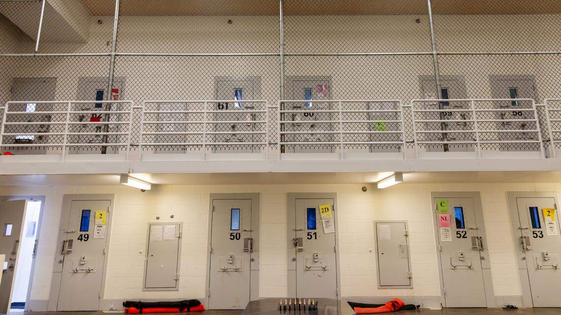 Fences extend from floor to ceiling to prevent people from jumping and injuring themselves in this part of Idaho Maximum Security Institution’s C Block, where civil commitment patients are held, near Boise. Patient documents blurred by ProPublica.