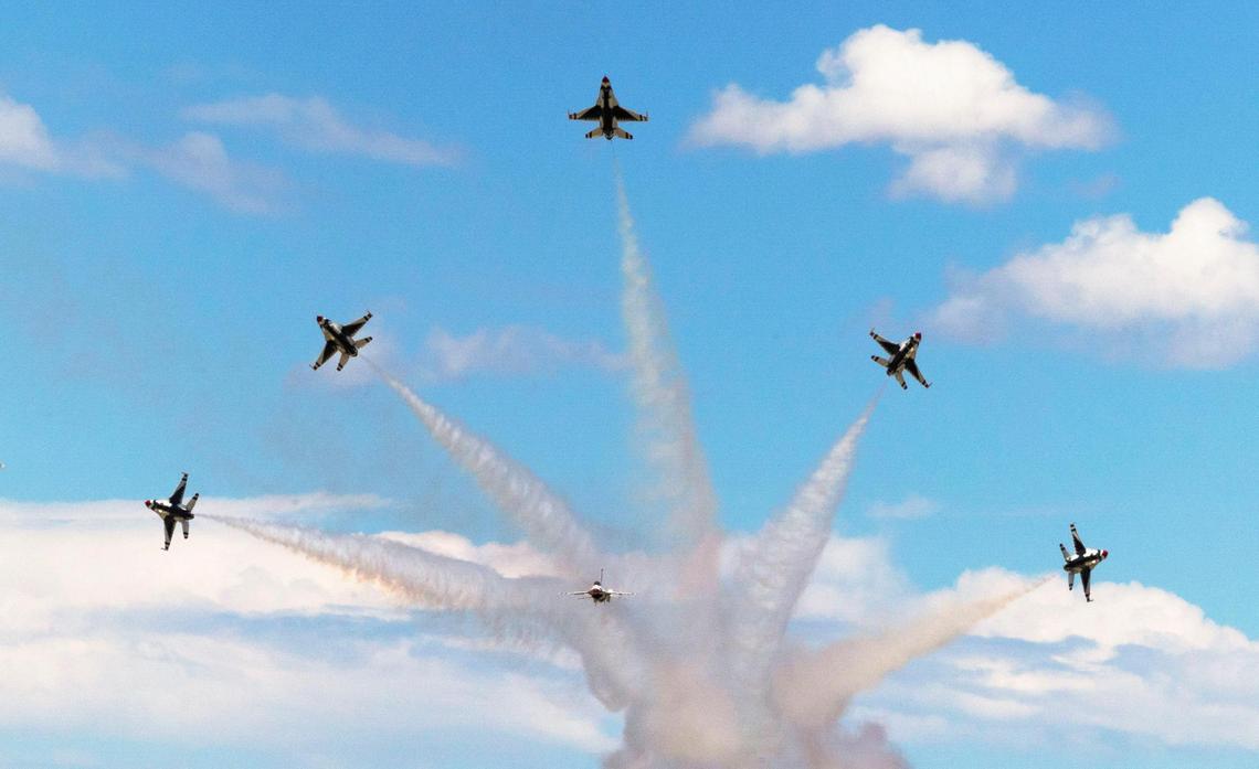 The U.S. Air Force Thunderbirds perform a delta burst maneuver at the Gowen Thunder Airshow on Aug. 26 at Gowen Field Air National Guard Base at the Boise Airport.