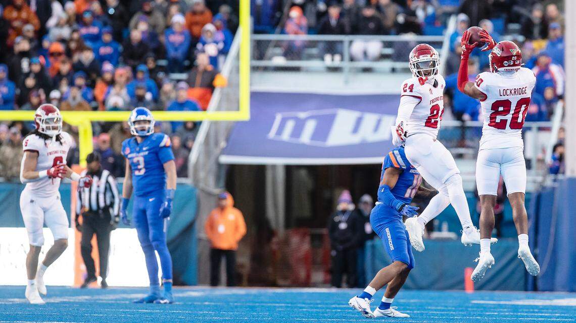 Fresno State defensive back Cam Lockridge intercepts the ball during the Mountain West Championship game against Boise State held on Saturday, Dec. 3, 2022 at Albertsons Stadium. Fresno won 28-16.