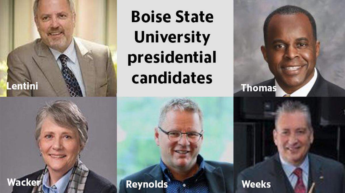 The candidates to replace Boise State University President Bob Kustra, clockwise from left: James Lentini, Jack Thomas,  Daniel Weeks, Kevin Reynolds and Robbyn Wacker.