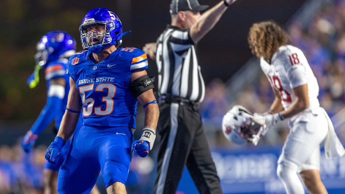 Boise State linebacker Marco Notarainni screams after a defensive stop against Washington State on Saturday at Albertsons Stadium.