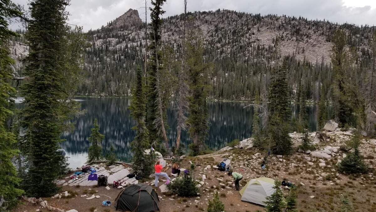 Idaho Business for the Outdoors’ Boise River: Source to Snake project team's campsite at Spangle Lake. The project included a backpacking trip through the Sawtooths, testing the Boise River’s water quality from its source all the way to the Snake River. 