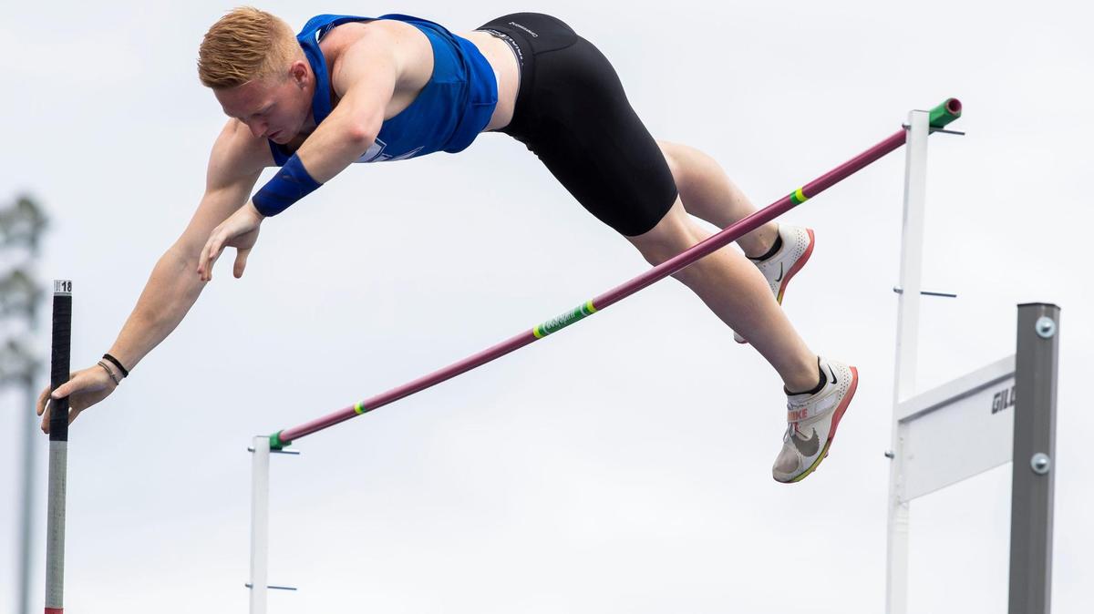Emmett senior Landon Helms clears 16-4 in the pole vault, winning the event during the 4A District Three track and field championships May 14 at Ridgevue High School.