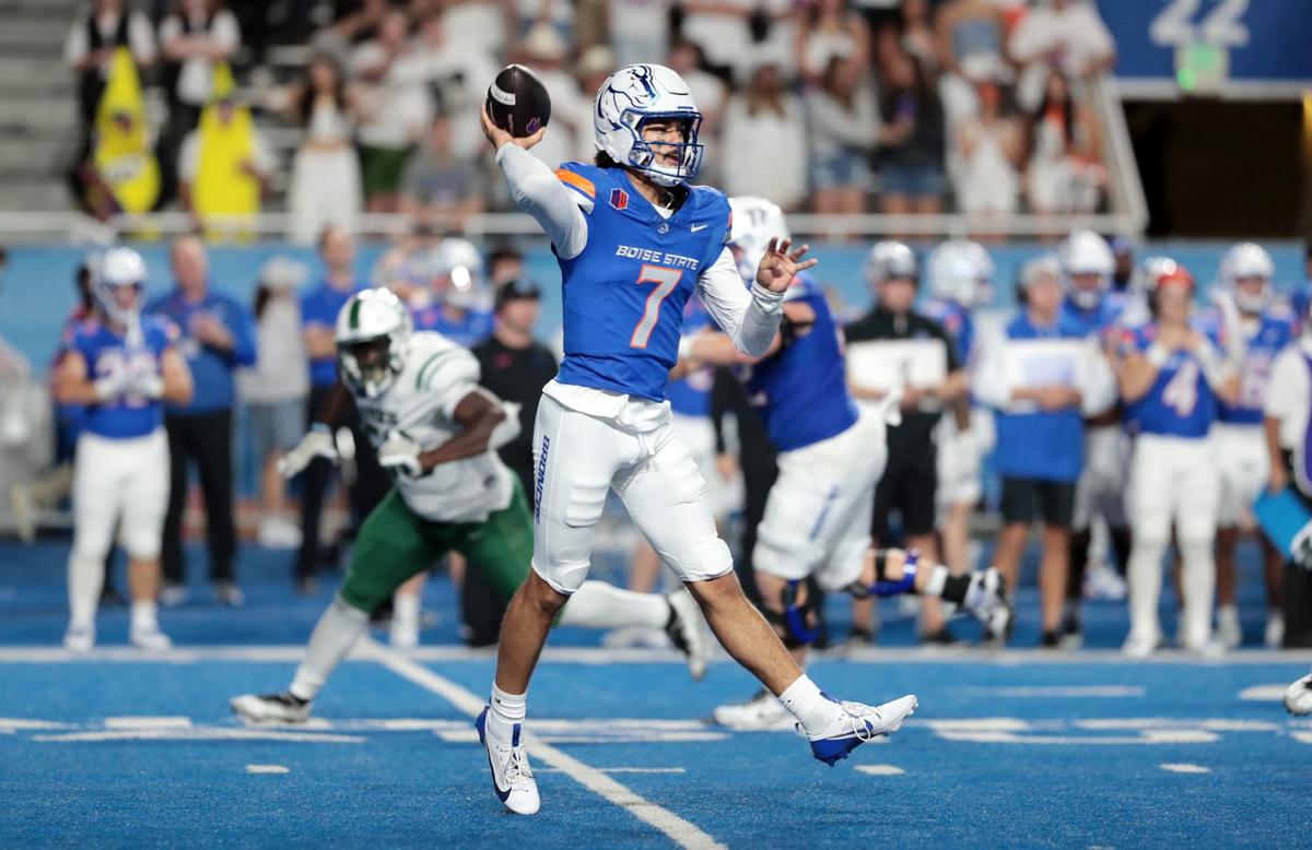 Former Boise State quarterback Malachi Nelson throws a pass against the Portland State defense. Boise State defeated Portland State 56-14 at Albertsons Stadium in Boise, Idaho.