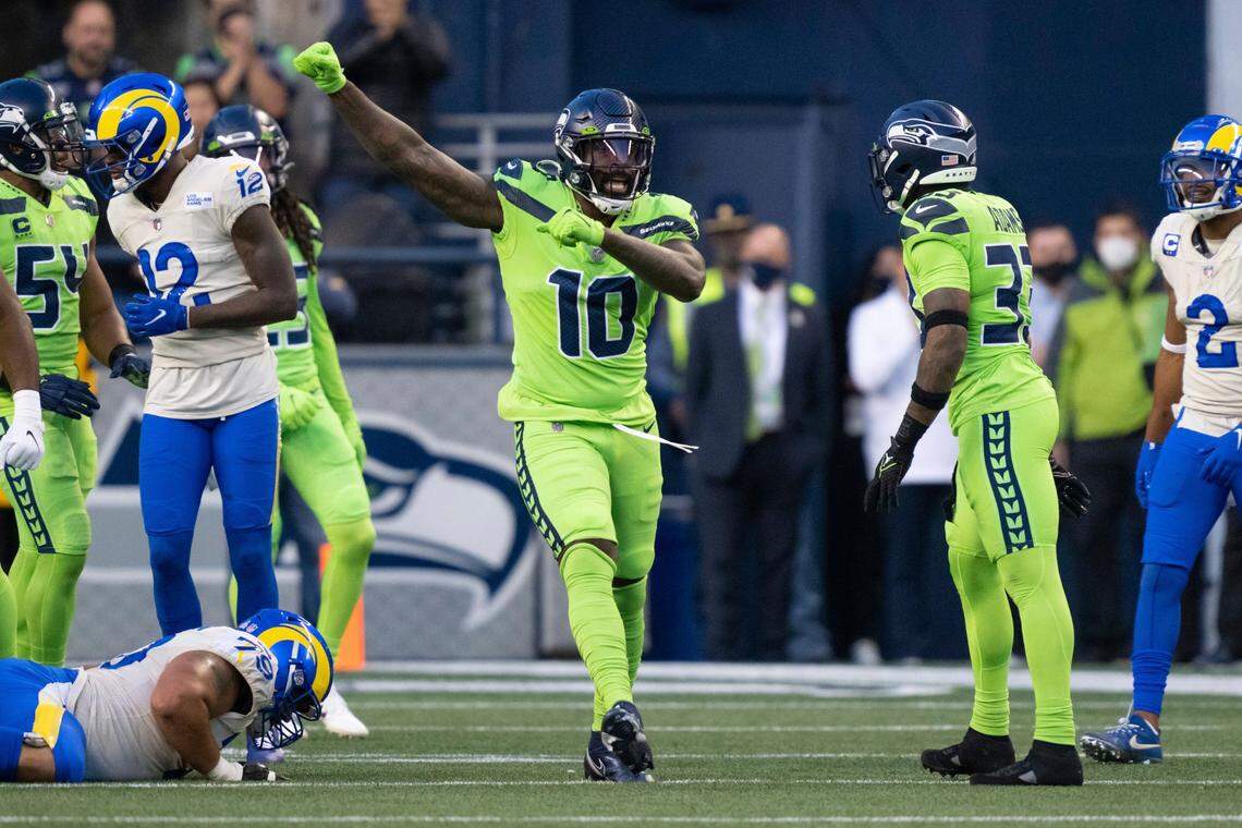 Seattle Seahawks defensive end Benson Mayowa celebrates during the first half against the Los Angeles Rams on Oct. 7 in Seattle. The Rams won 26-17.