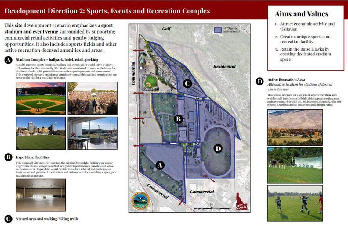 The second plan would build a replacement for Memorial Stadium, the home of the Boise Hawks minor league baseball team. Other additions might be a hotel, along with restaurants and shops.