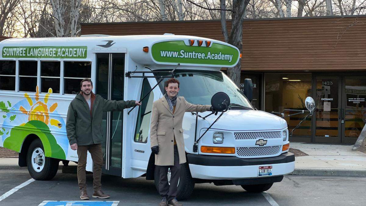 Borja Aguilera Obaldia, left, and Justin Snyder hope to open Suntree Language Academy this year. Children can take the Suntree Language Academy bus from school to the after-school Suntree Language Academy program.
