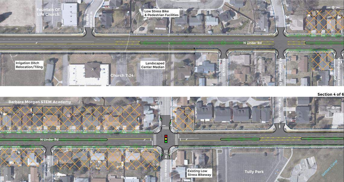One proposal would require ACHD to buy 34 homes and demolish them to widen the road. The highway district would first need to buy the crossed-out homes in this aerial image between Chateau and Sandalwood drives.
