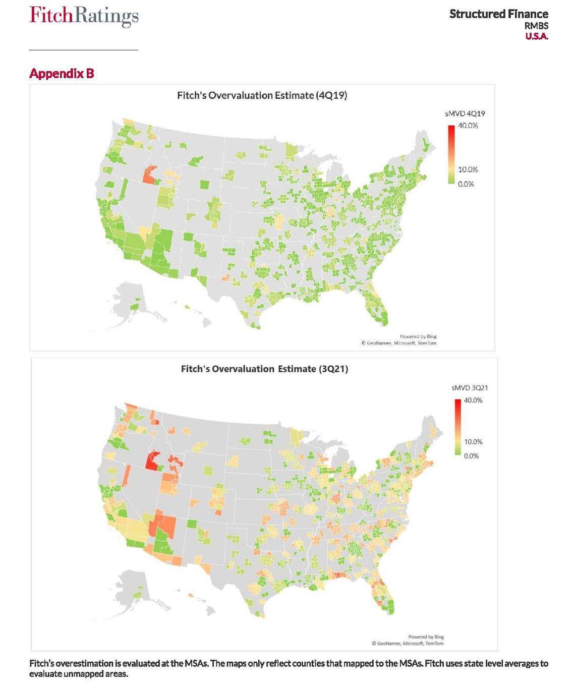 These two maps show the metro areas that were most “overvalued” in 2019 and 2021, according to Fitch Ratings. In both the fourth quarter of 2019 and the third quarter of 2021, Boise ranked as the most “overvalued” metro area in the country. SMVD stands for “sustainable market value decline,” a measurement Fitch Ratings used to calculate how overvalued markets are.