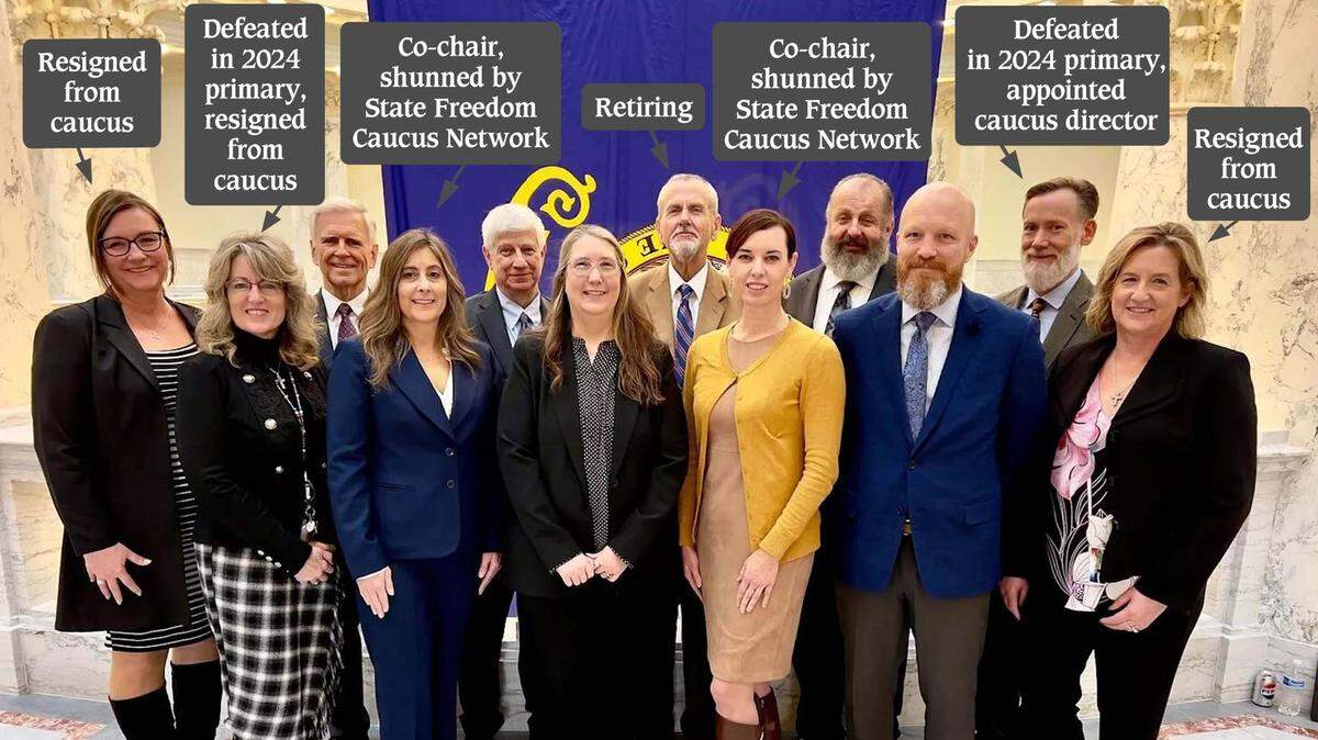 The Idaho Freedom Caucus back in March 2024 in an image posted to social media. From left: Sen. Glenneda Zuiderveld; Rep. Jacyn Gallagher; Rep. Tony Wisniewski; Rep. Heather Scott; Rep. Joe Alfieri; Rep. Elaine Price; Rep. Mike Kingsley; Sen. Tammy Nichols; Rep. Dale Hawkins; Sen. Brian Lenney; Sen. Scott Herndon; and Sen. Cindy Carlson.