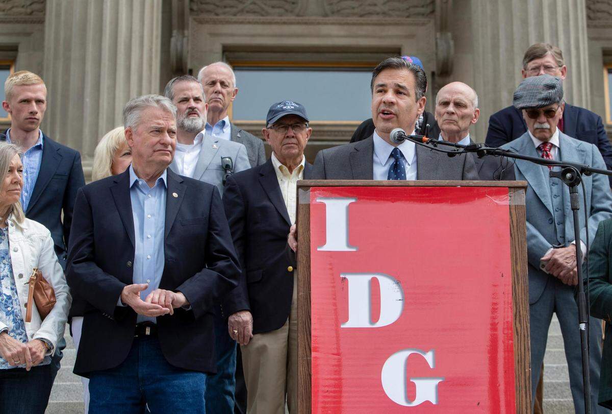 Former U.S. Congressman Raúl Labrador, the Republican nominee for Idaho attorney general, speaks at the party’s unity rally on the steps of the Capitol on Wednesday.