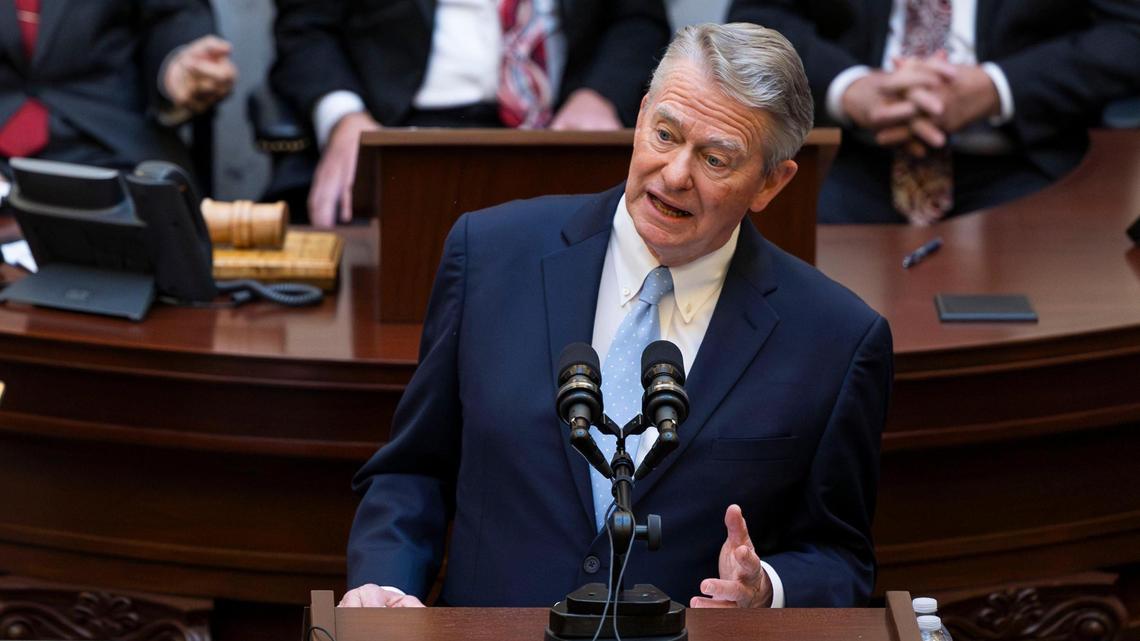 Gov. Brad Little provides his vision for the 2024 Idaho Legislative session during his State of the State address, Monday, Jan. 8, 2024, at the Statehouse in Boise.