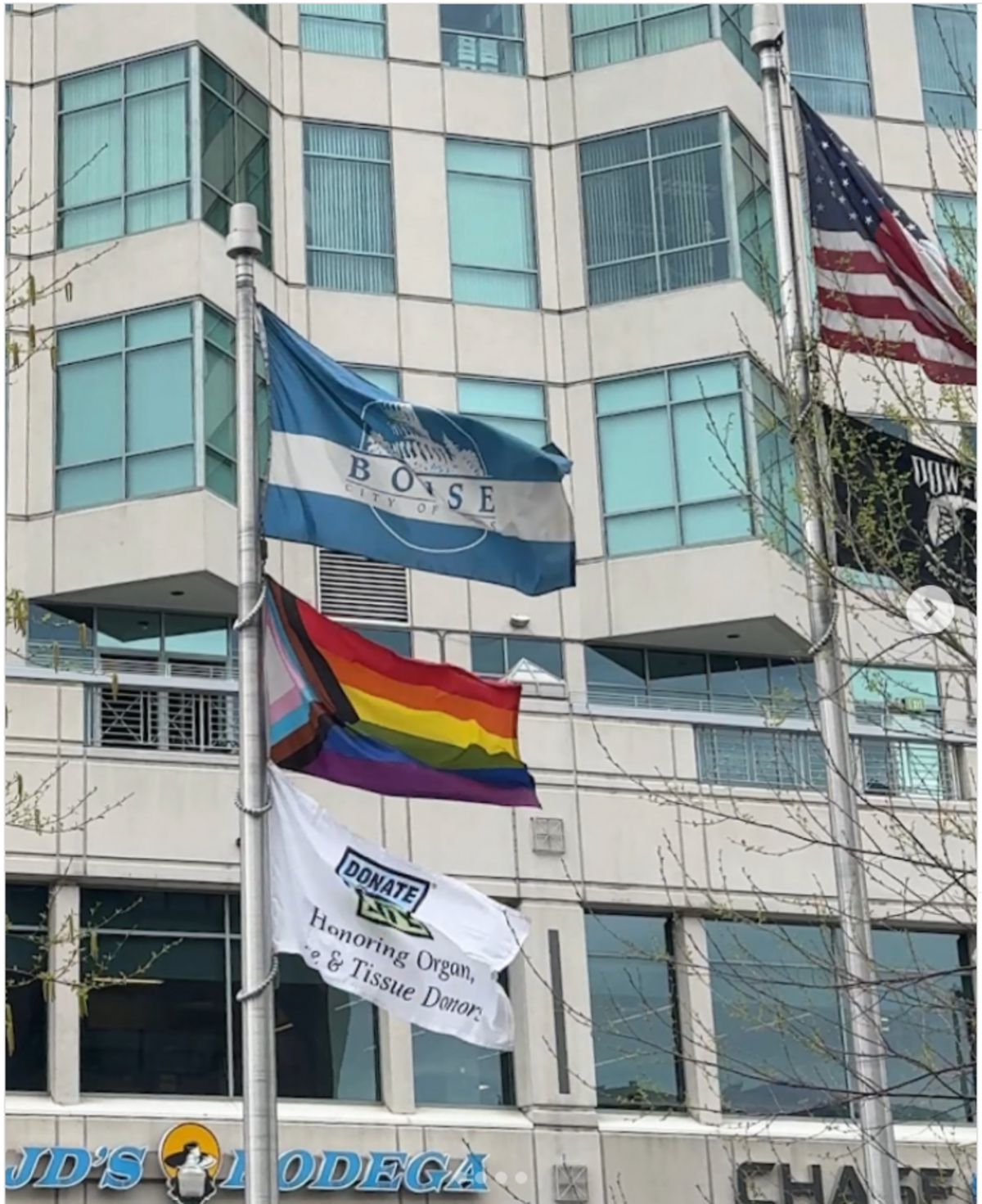 The city of Boise on Friday posted a picture on its official Instagram account highlighting that it was flying two non-”official” flags in violation of a new Idaho law.