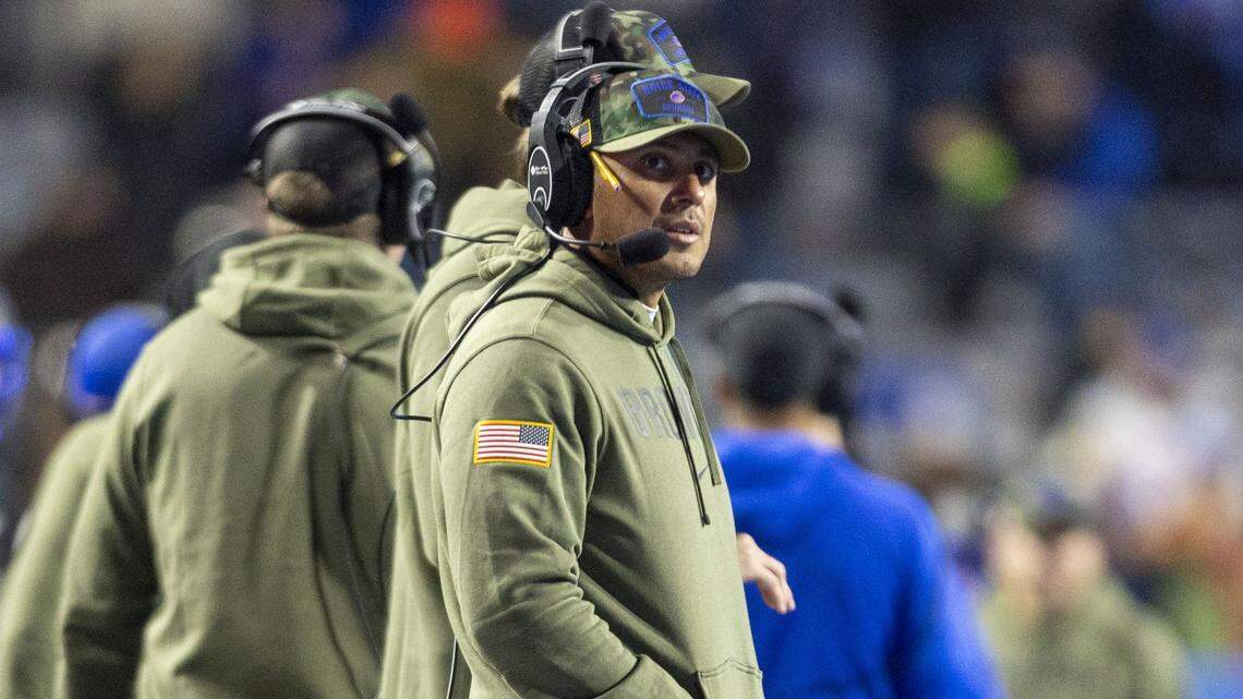 Former Boise State head coach Andy Avalos watches the video board during the Broncos’ 42-14 win over Mountain West foe New Mexico in 2023. It ended up being his final game.