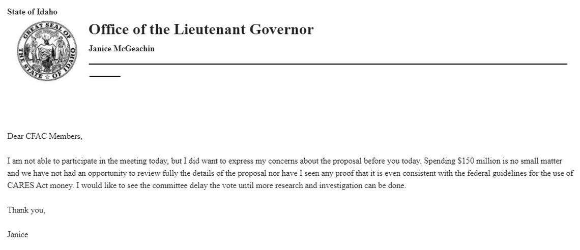 Two hours after tweeting a selfie announcing she was headed to Stanley to see Donald Trump Jr., Idaho Lt. Gov. Janice McGeachin sent an email to her fellow committee members that she wasn’t going to be able to make that afternoon’s meeting of the state’s Coronavirus Financial Advisory Committee.