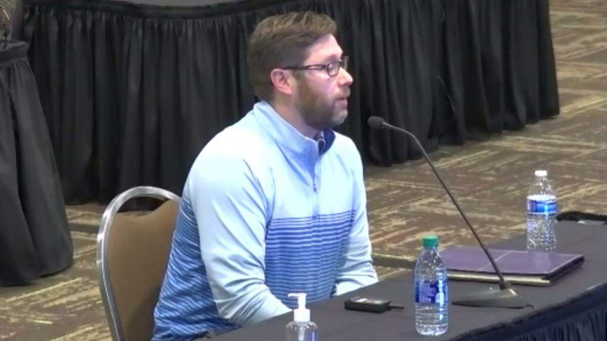 Ryan Stratton, a cofounder of Idaho Competitive Aquatics, makes the business’ case for financial support on Thursday to the board of the Greater Boise Auditorium District. The board voted to commit $3 million to $5 million to a proposed complex of two pools, including a 50-meter pool that meets national standards for competitive events.