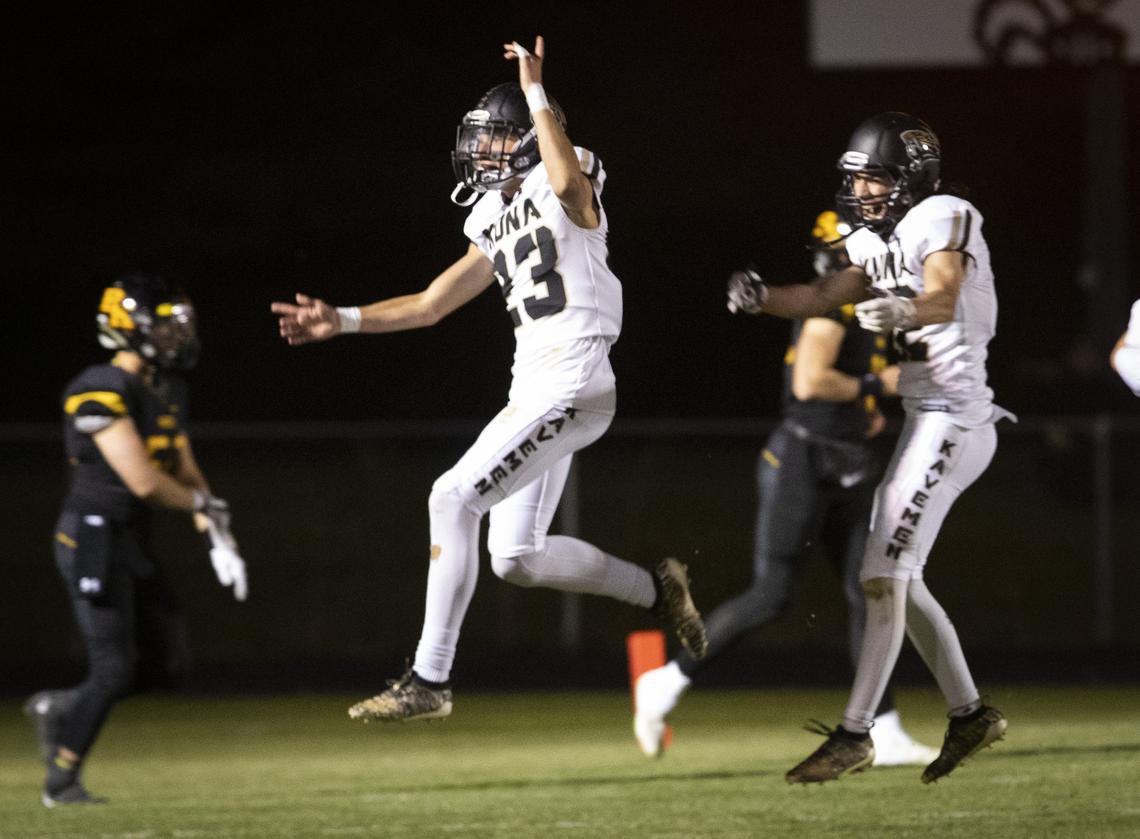 Kuna’s Lance Ray celebrates after returning a fumble for a touchdown in the third quarter Friday.