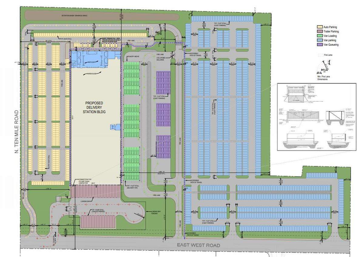 The map shows the proposed delivery station building in beige. Employee auto parking is in yellow, left. Vans would park in the blue areas at right, queue in the purple areas, and load in the light green areas. Ten Mile Road is at far left, Franklin Road at the bottom (labeled here as East West Road).