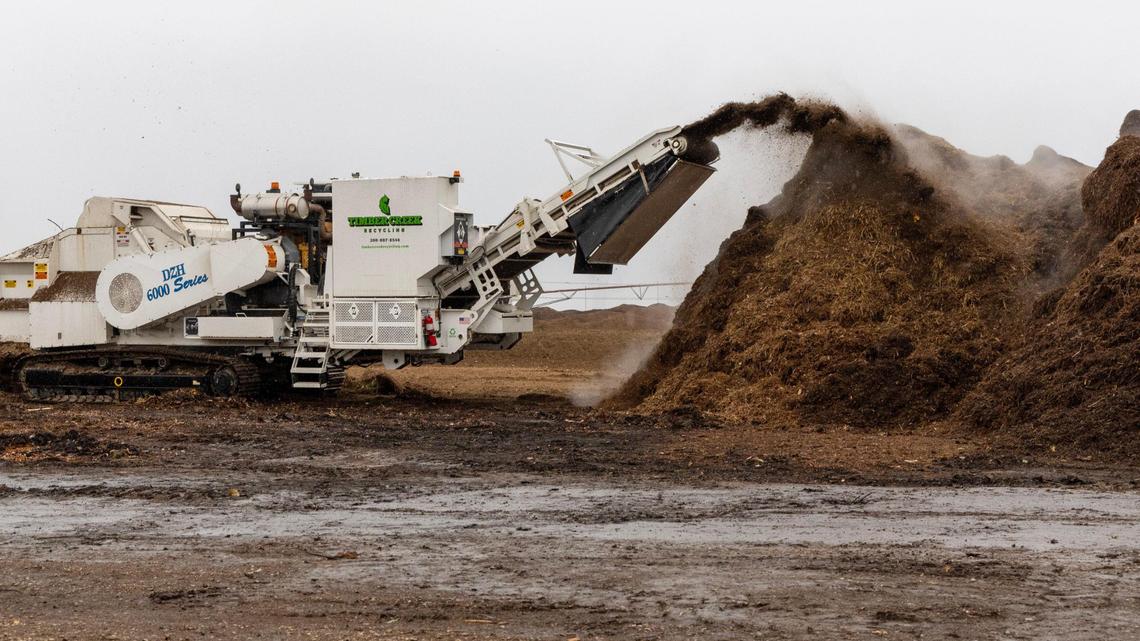 Organic waste run through a grinder at Timber Creek Recycling, Nov. 21, 2024. Timber Creek is planning to decommission its site in Meridian while shifting operations to a new site in Nampa. Neighbors have complained about smells from the compost site.