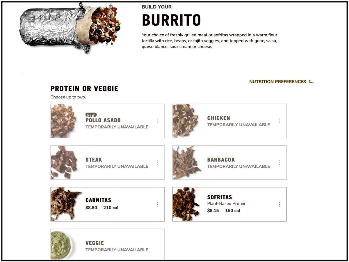 The Chipotle Mexican Grill in downtown Boise had several items missing from its menu on Friday, April 29, 2022. The Newport Beach, California, company did not explain why.