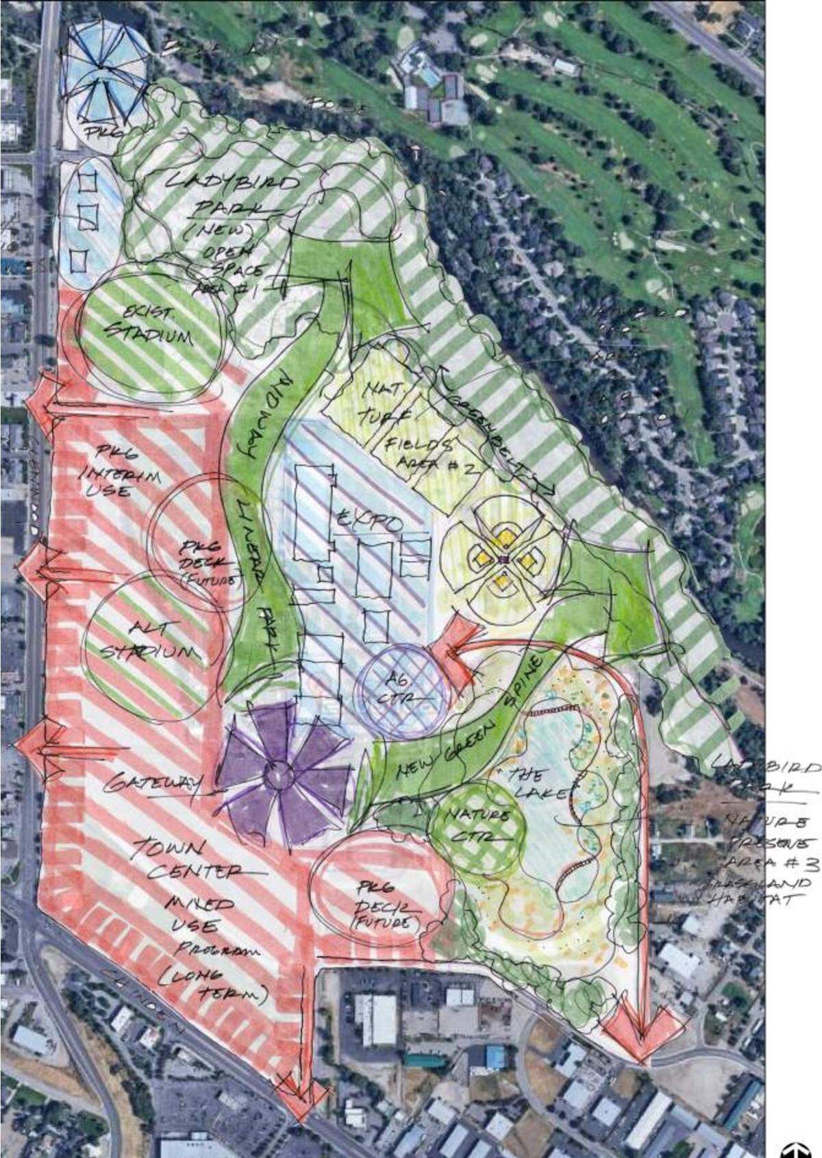 The Urban Land Institute created this map that incorporates all major citizen suggestions into the Expo Idaho site. The green along the river would be the new location of an expanded Lady Bird Park. The sports fields would be placed between the two green arrows. The fields would also serve as the new location of the Western Idaho Fair for 10 days of the year. The green circle is a new stadium’s location. The purple and part of the red represent Garden City’s proposed town center, with hotels and commercial buildings. The middle blue area is the Expo Idaho Center and a proposed new agriculture center.