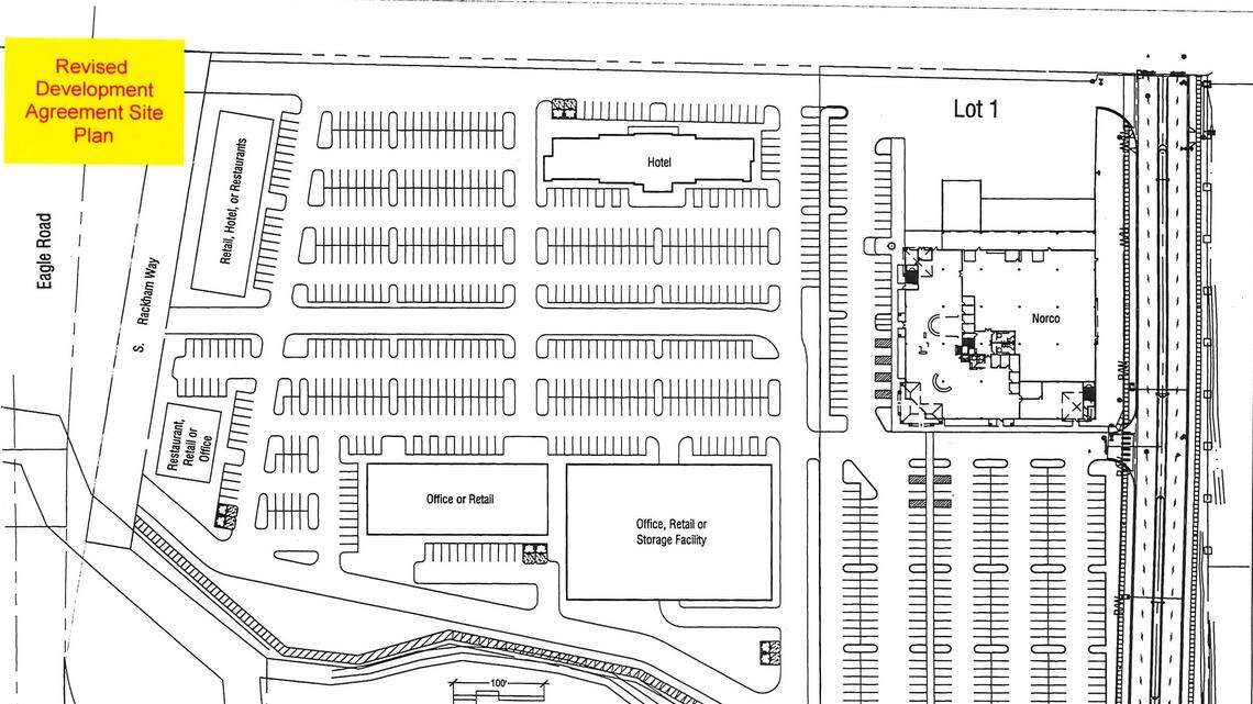 Norco CEO Jim Kissler, whose Meridian branch is at the upper right of this map, proposes to develop the rest of the site’s acreage. Eagle Road is to the west and Silverstone Way to the east. Overland Road is to the south, off this map, south of the Five Mile Drain, shown. Rackham Way, on the left side of this map, formerly provided access to the Farmstead Corn Maze to the north of this site (with Interstate 84 north of that). The corn maze is relocating to Kuna to make way for a separate development on its former site.