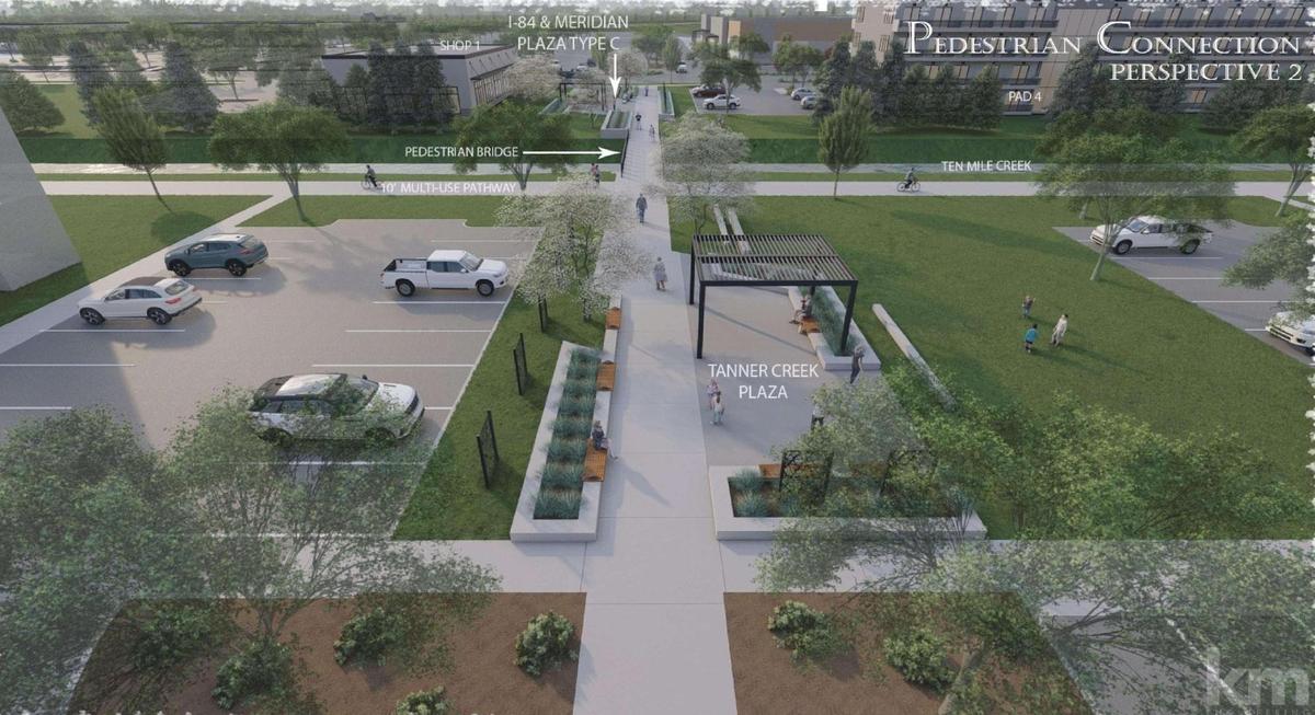 Developers are making another attempt to build a 70-acre site between Waltman Lane and I-84 in Meridian after getting denied in 2020 by Meridian City Council. Shown here is a rendering of a potential design for a pedestrian bridge-area over Ten Mile Creek that would connect the residential and commercial properties.