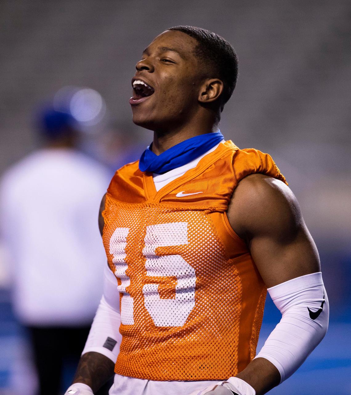 Boise State cornerback Jalen Walker howls approval after a teammate intercepts a pass during the Broncos’ first spring practice Friday, March 6, 2020 at Albertstons Stadium in Boise.
