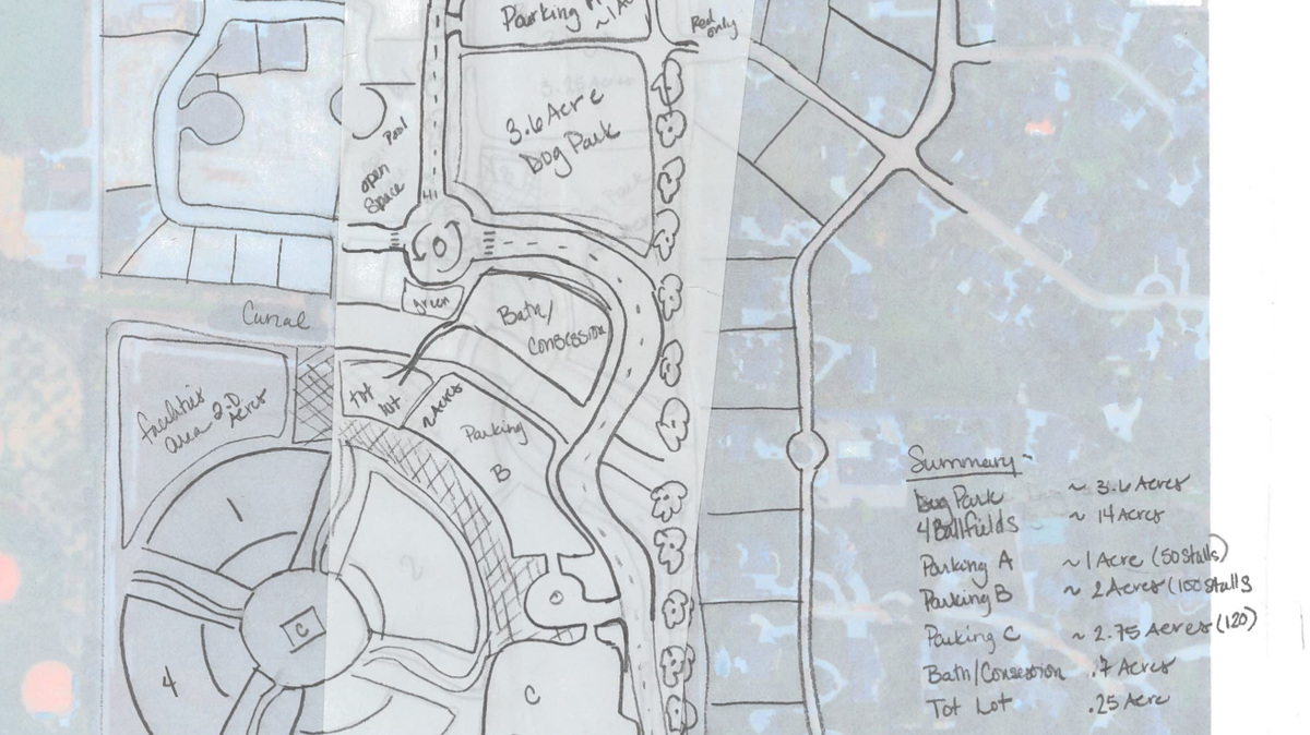 A rough sketch of a future park complex in Eagle shows a dog park, baseball fields, parking and bathrooms on 35 acres southwest of the corner of Meridian and Floating Feather roads.
