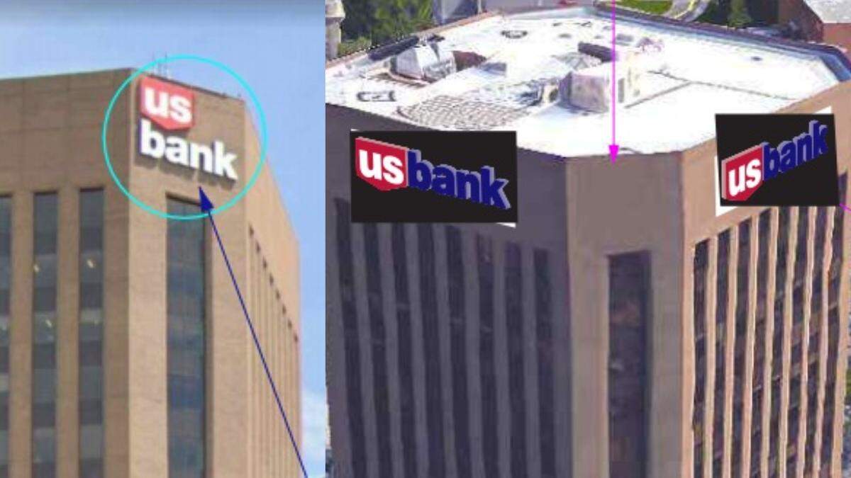 The U.S. Bank Building will get updated signs for the bank. The old sign, left, will be replaced with two new ones, right.