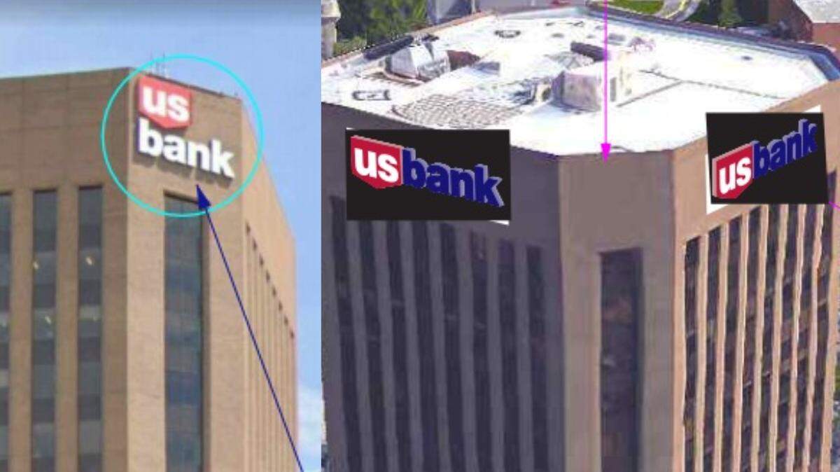 The sign on the US Bank Building will get an update. The old sign, left, will be replaced with two new ones, right.