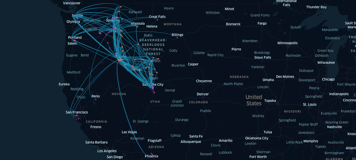 This map shows patient transfers from Idaho hospitals to hospitals elsewhere in Idaho or out of state, between April and November 2021.