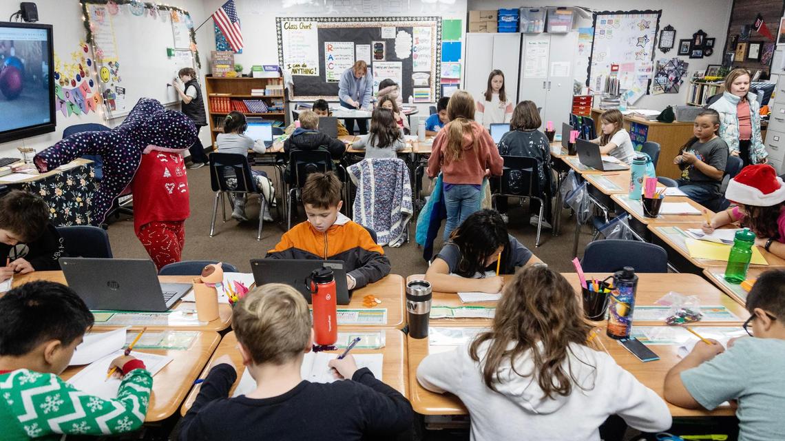 Fourth graders in class in 2022. On Tuesday, Boise City Council Member Kathy Corless decried “political gamemanship” that left schoolchildren vulnerable to gun violence.