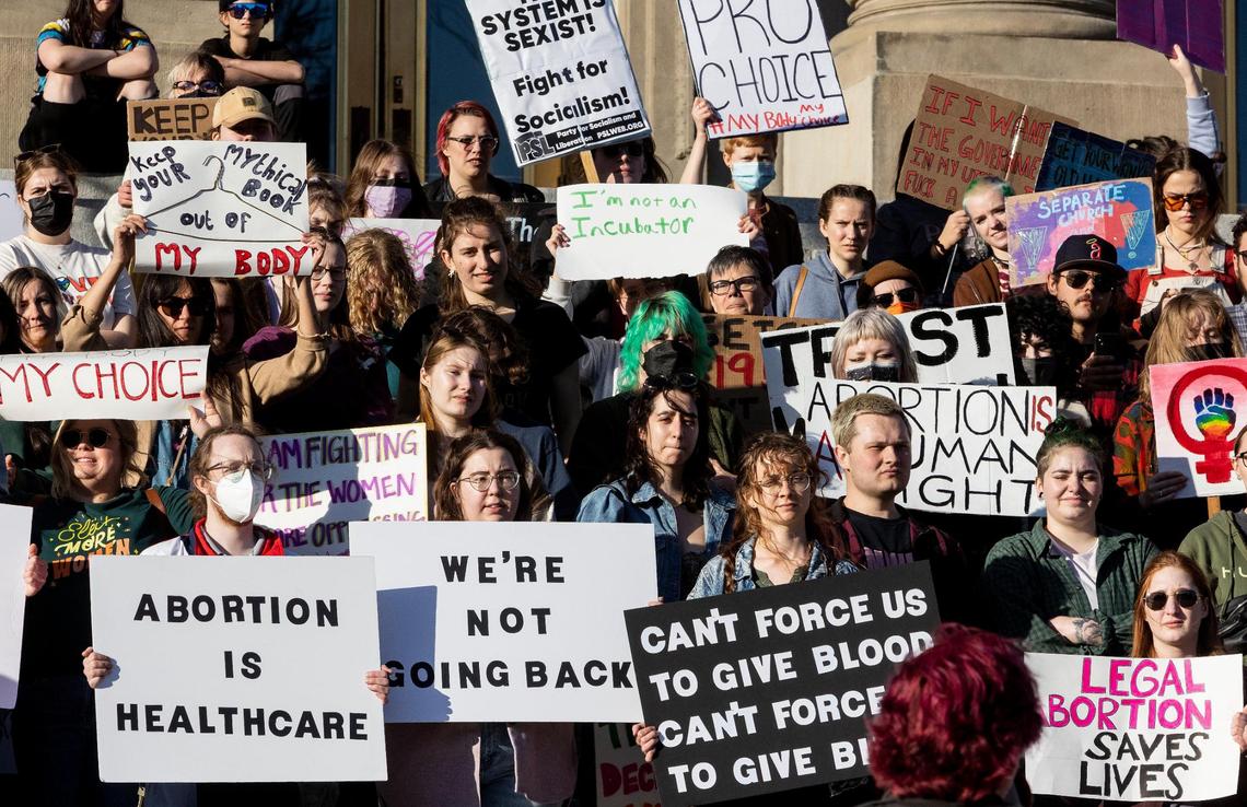 People gather on the steps of the Idaho State Capitol Building in downtown Boise to protest the news of the Supreme Court draft leak which indicates that Roe vs. Wade and Planned Parenthood v. Casey will be overturned.