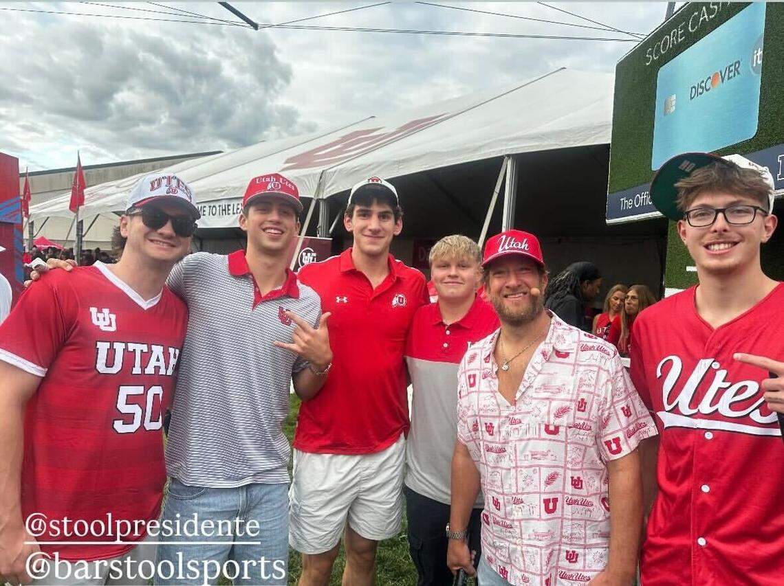 Boise State basketball player’s RJ Keene (far left), Pearson Carmichael (second left), Dominic Parolin (third left) and Andrew Meadow (far right) are pictured next to Barstool owner Dave Portnoy (second right) at the Utah vs. Texas Tech football game on Sept. 20.