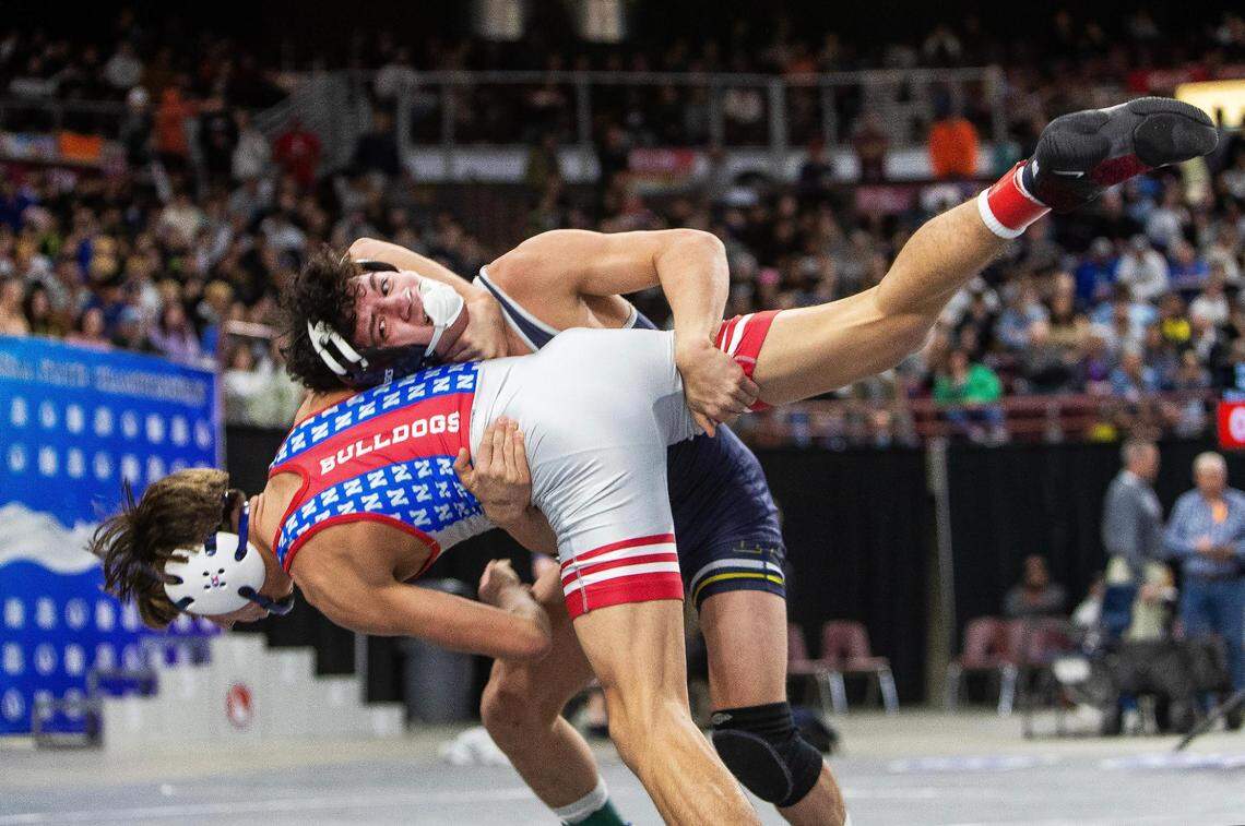 Meridian senior Jeremiah Gonzalez, top, enters the state tournament as a two-time defending champ.