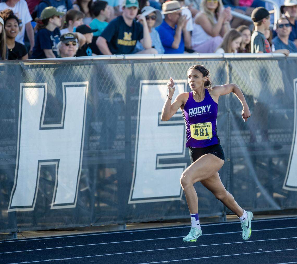 Rocky Mountain’s Ciara Brown won the girls 200 and 400 meters at the 5A District Three track and field championships Friday at Kuna High.
