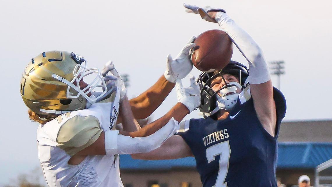 Middleton defensive back Sawyer Heck, right, breaks up a pass to Vallivue’s Camryn Deane on Sept. 17. Middleton and Vallivue enter the final week of the regular season battling for the 4A SIC’s final automatic playoff berth.