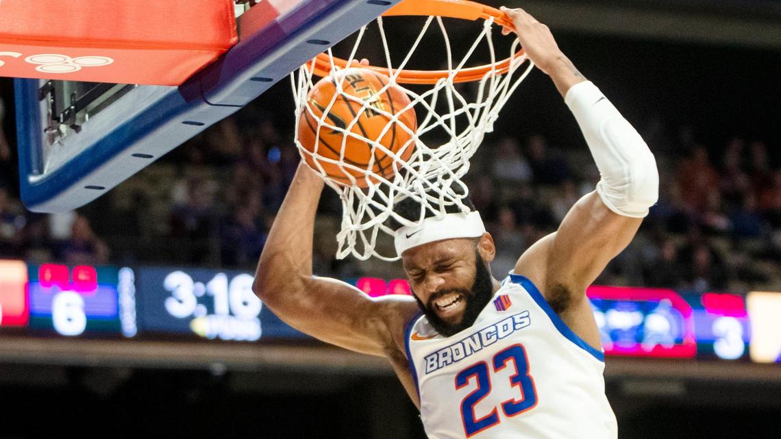 Boise State forward Naje Smith dunks the ball on New Orleans in the first half Tuesday at ExtraMile Arena in Boise.