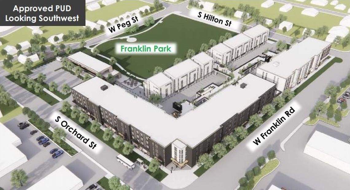 An architect’s bird’s-eye rendering of J Fischer Co.’s proposed affordable-apartments complex at the southwest corner of West Franklin Road and South Orchard Street on the Boise Bench. City of Boise filing.